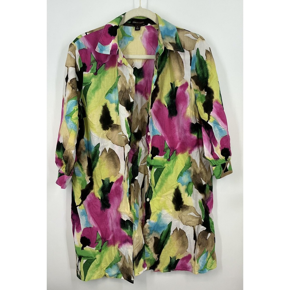 Dana Buchman Art to Wear Tunic Shirt L‎ Watercolor Floral Cotton
